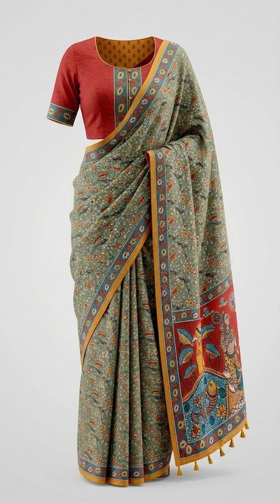Satin Kalamkari green Saree