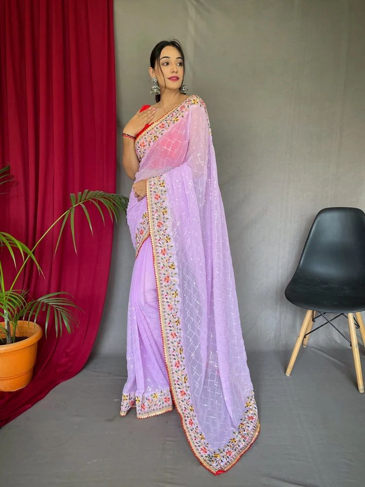 Purple Color Georgette Designer Saree With Sequance Work