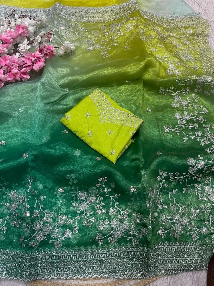 ORENGZA SILK WITH DIGITAL PRINT SEQUENCE EMBROIDERY WORK SAREE AT WHOLESALE PRICE