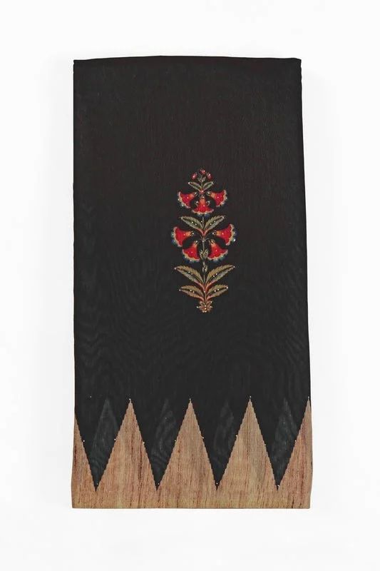 Black Mughal Floral Print Handwork Chanderi Cotton Saree