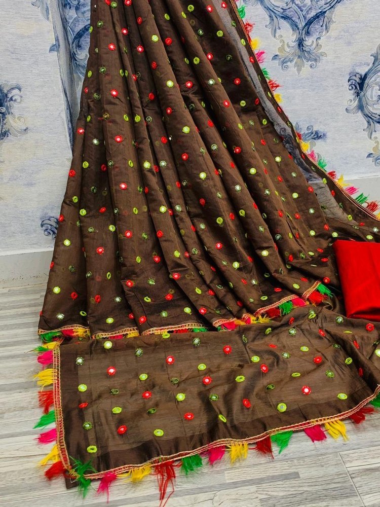 Ladies Chanderi Mirror Embroidery Work Saree