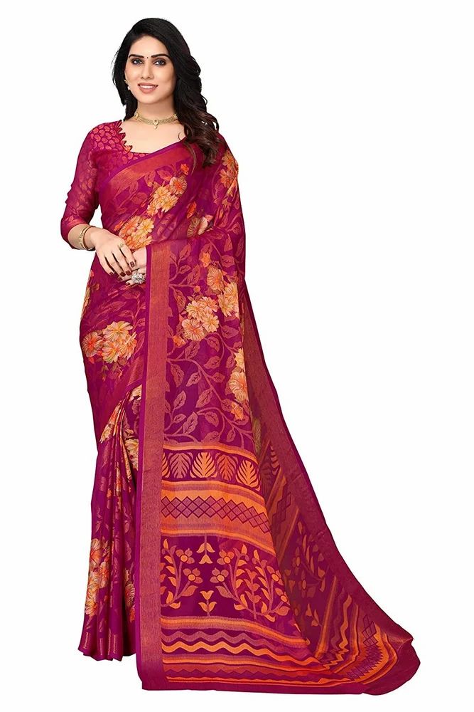 Two Toned Floral Printed Soft Chiffon Brasso Saree