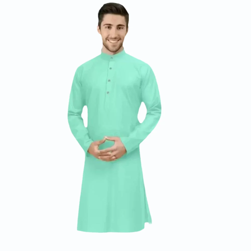 Men Aqua Green Cotton Blend Plain Kurta