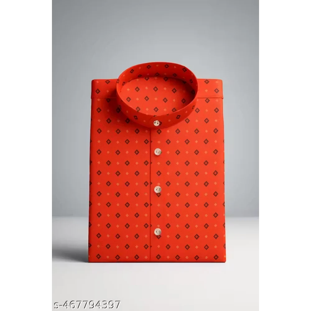 Men Orange Cotton Blend Printed Kurta