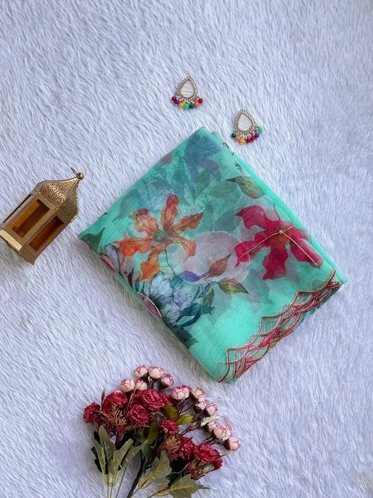 Tiffany Blue Organza Handwork Saree
