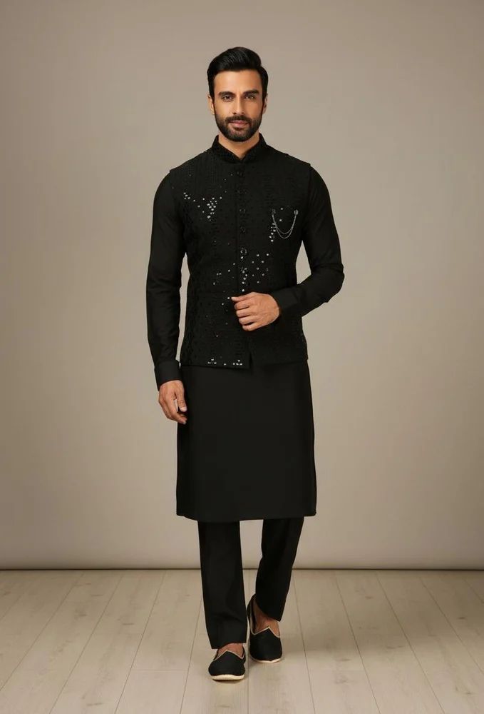Trendy Culture's Art Silk Black Kurta Payjama With Embroidery Work Mens Jacket - factory price
