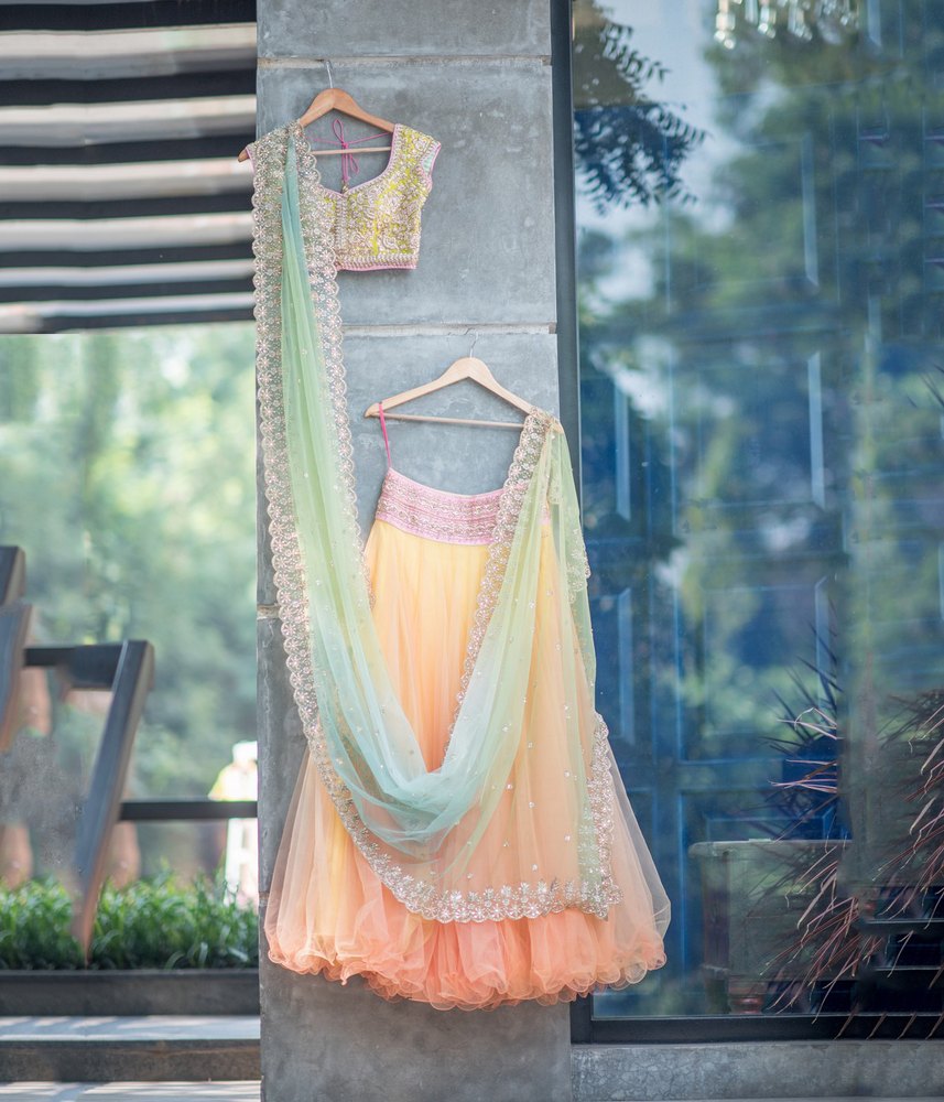 Yellow Peach Shaded Organza Designer Lehenga Choli