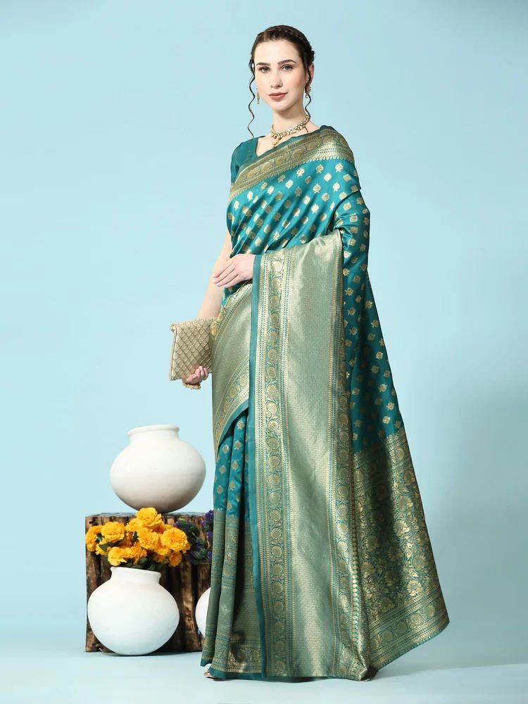 Ladies Banarasi Motif Printed Ocean Green Art Silk Saree