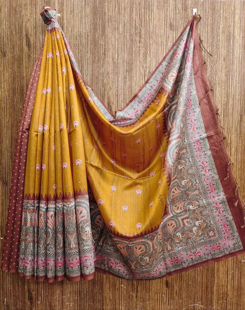 Soft tussar silk saree with beautiful kalamakari traditional printed border and paluu saree