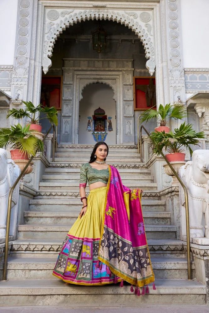 TRENDY CULTURE'S Ethereal Kalamkari Foil Art Tasar Silk Lehenga