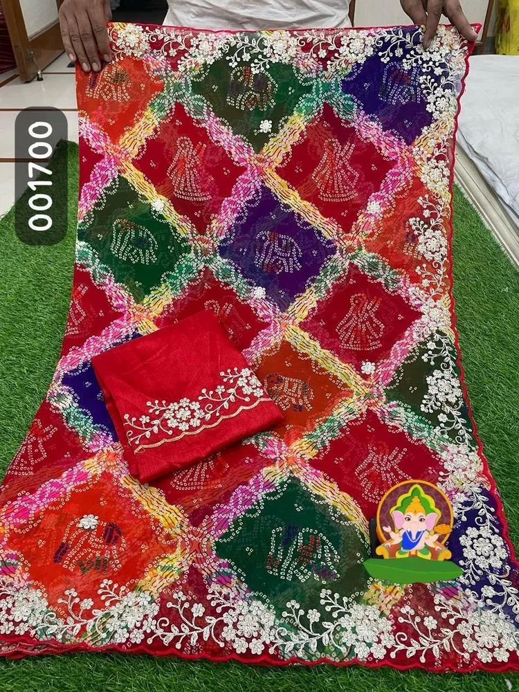 GEORGETTE BEAUTIFUL BANDHEJ PRINTED HEAVY PITTA CUT WORK SAREE AT WHOLESALE PRICE
