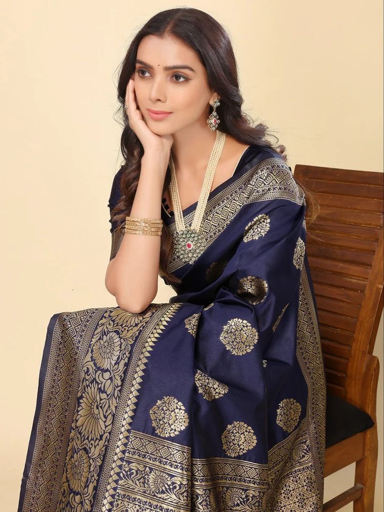 Silk Blend Jacquard Woven Golden Zari Butta Saree With Blouse Piece
