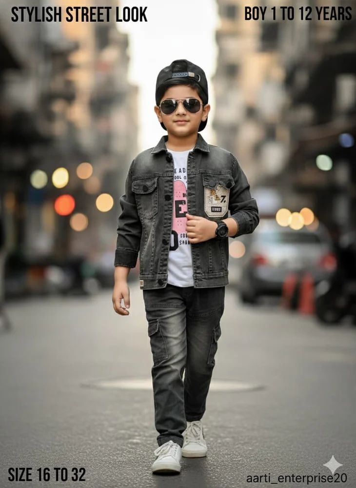 Kids Denim Jacket With T Shirt Pant