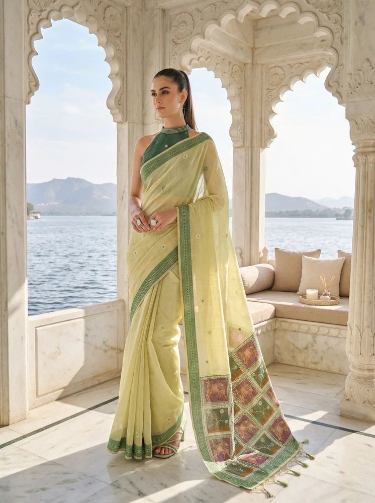 Lime Green Jamdani Cotton Woven Saree