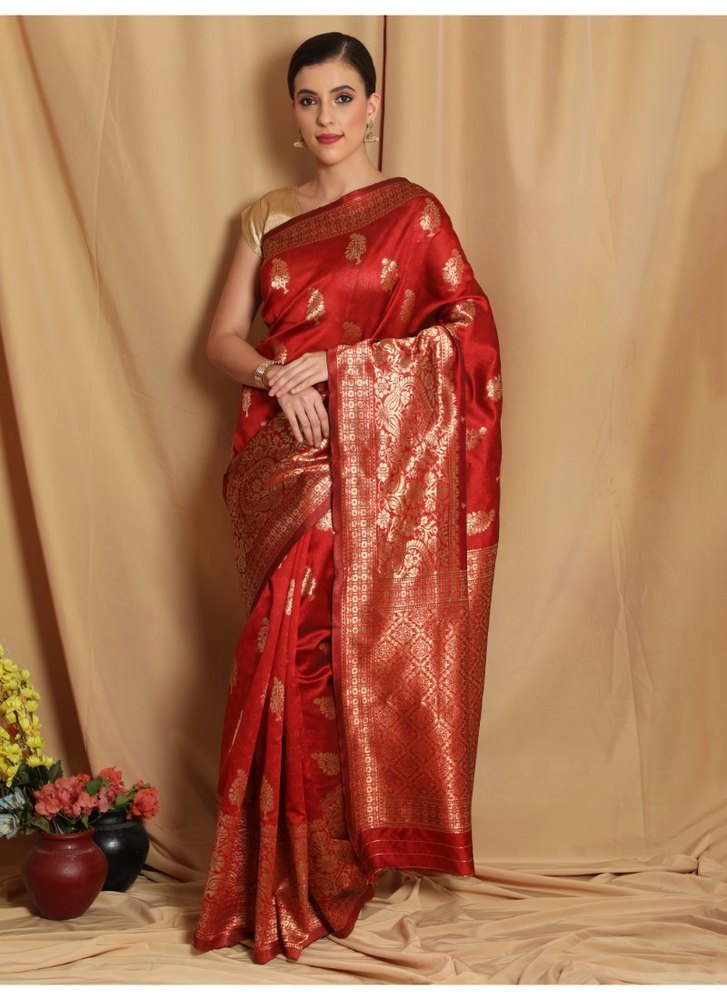 Leeza Store Women's Silk Blend Jacquard Woven Golden Zari Tree Pattern Thick Border Banarasi Saree