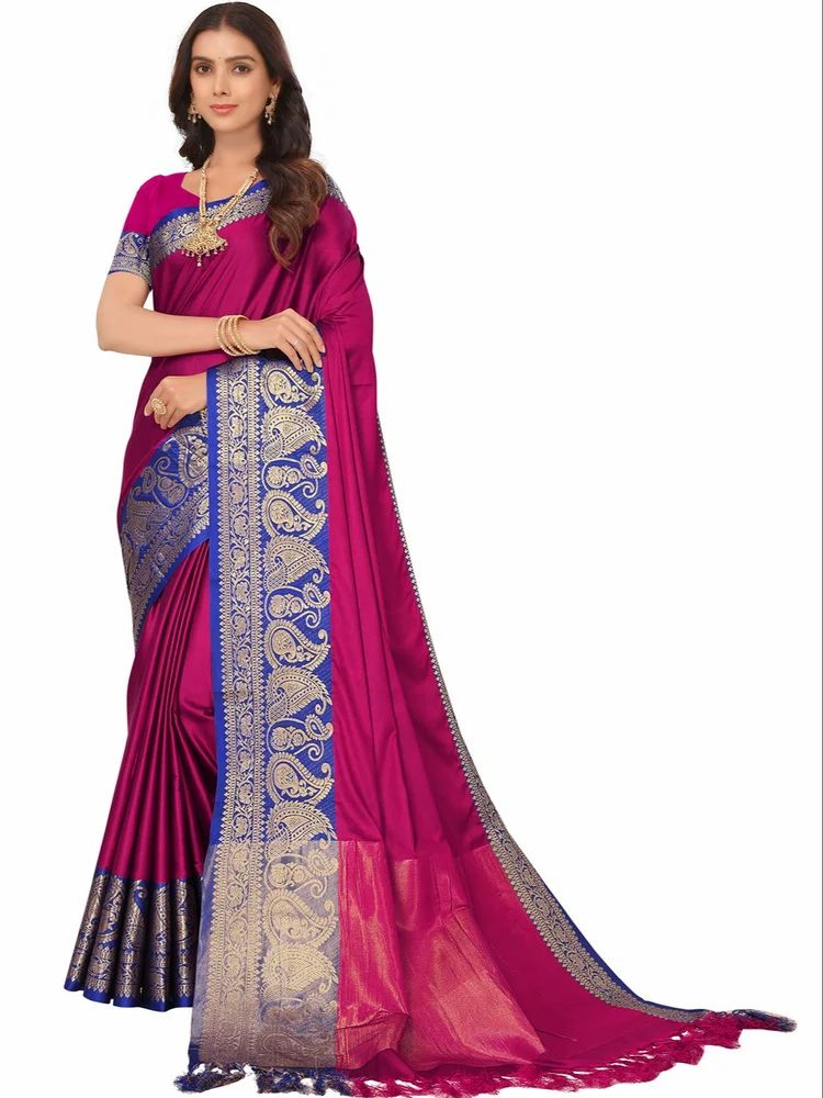 Banarasi Silk Blend Plain Solid Golden Zari Border Saree