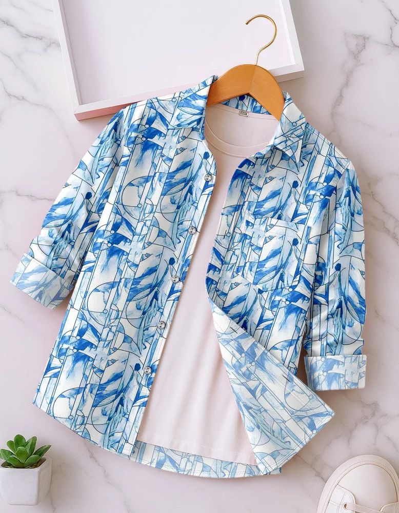 Sky Blue Men Rayon Leaf Print Shirt