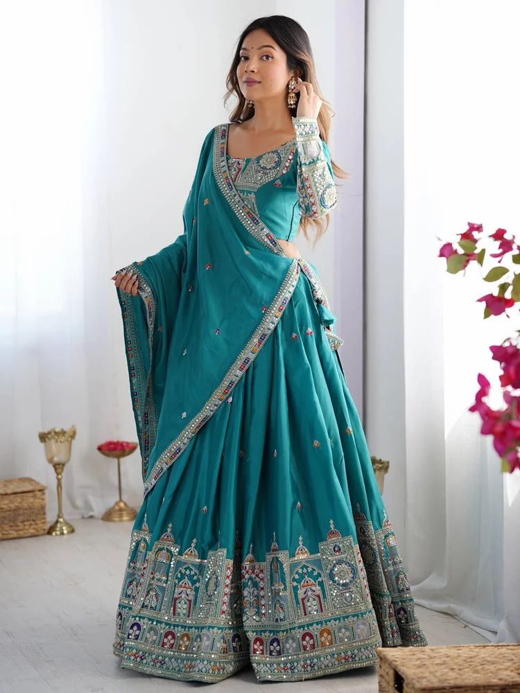 Ceremonial Wear Embroidered Silk Lehenga Choli In Rama Green Color