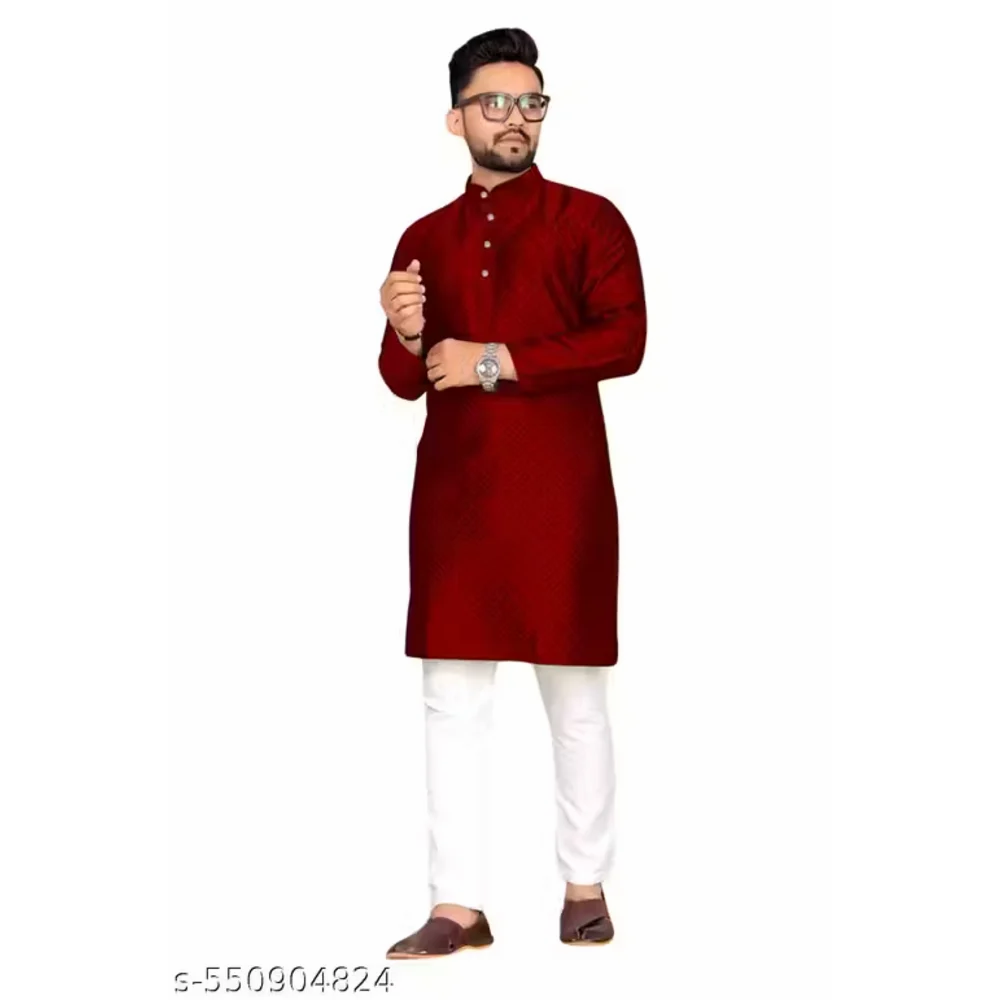 Men Dark Red Cotton Blend Kurta Pajama Set