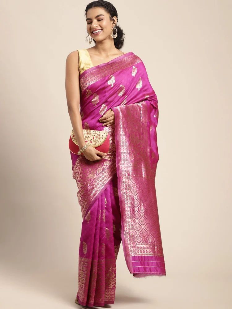 Hot Pink Silk Blend Jacquard Woven Golden Zari Tree Pattern Thick Border Banarasi Saree