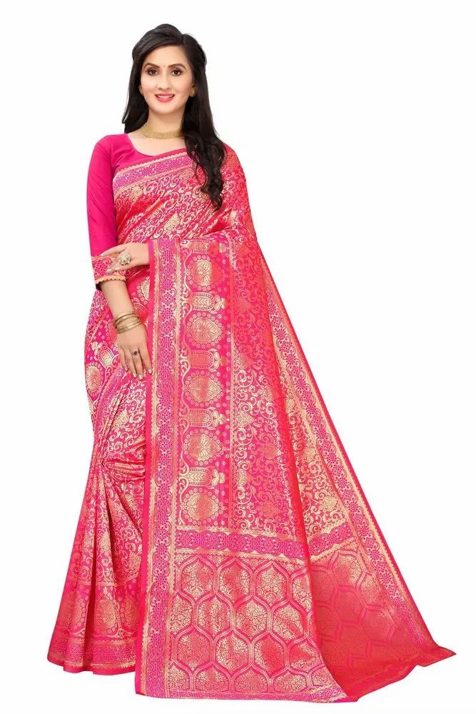 Leeza Store Women's Silk Blend Jacquard Golden Zari Woven Traditional Pattern Banarasi Saree