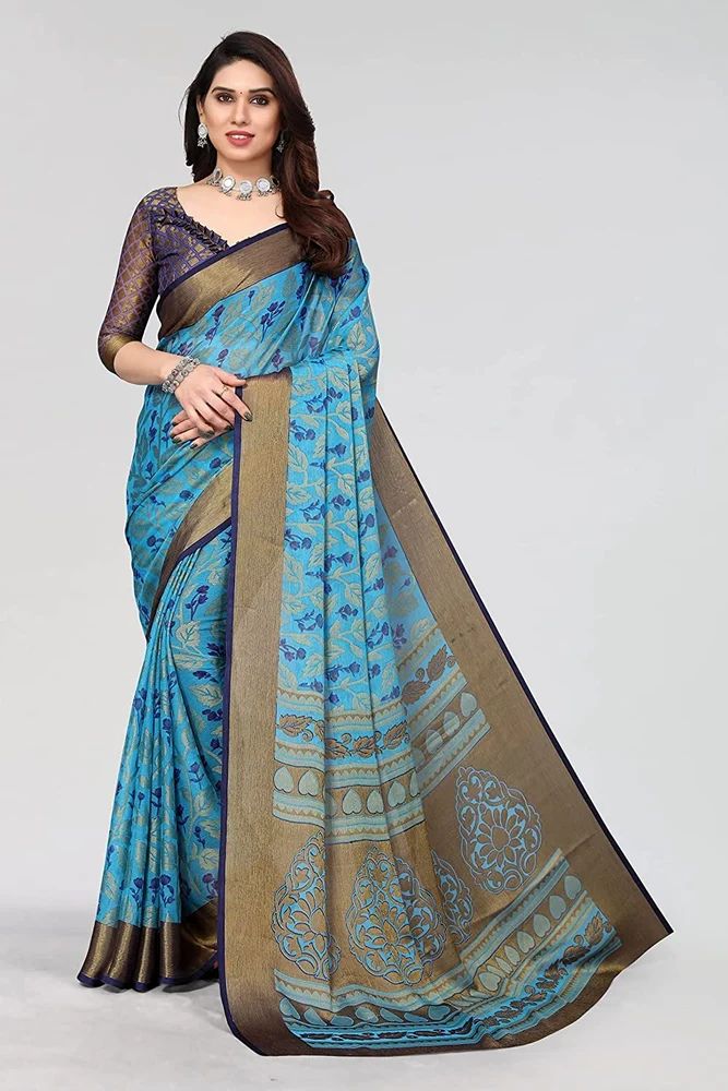 Leeza Store Gold Toned Floral Printed Soft Chiffon Brasso Saree With Ethnic Motifs On Pallu