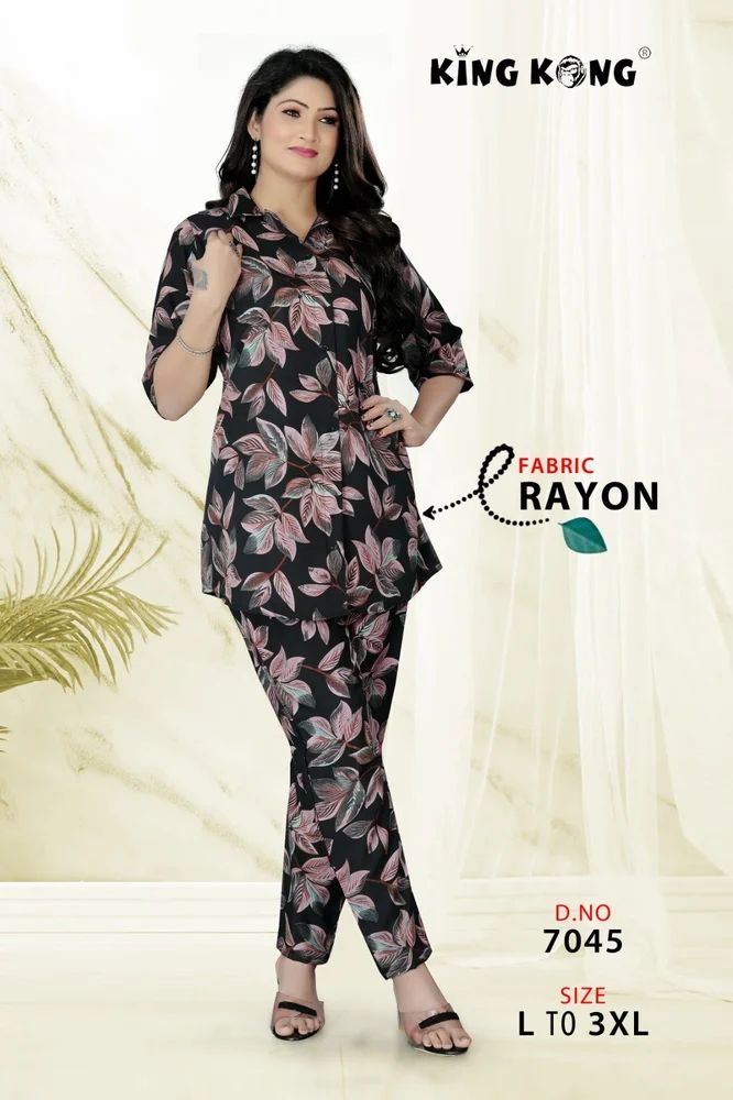 Women's Imported Rayon Printed Co-Ord Set Two-Piece Shirt & Pant Suit Fashionable Casual Party Wear