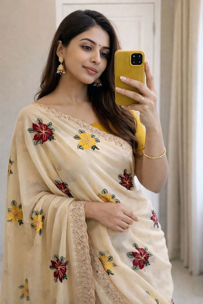 georgette saree with embroidery work and mirror work