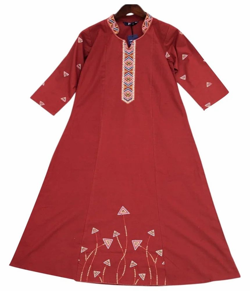 Ladies Red Cotton Embroidered Kurti