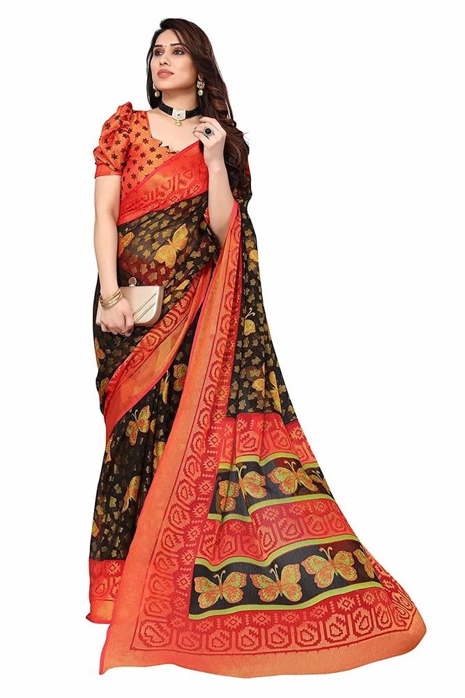 Leeza Store Gold Toned ButterFly Motifs Printed Soft Chiffon Brasso Saree