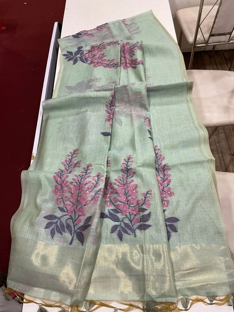 Premium soft muga silk saree with  unique floral weaving pattern and contrast blouse