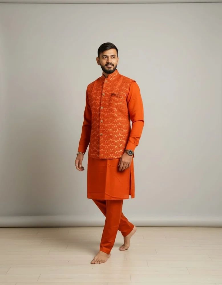 Thread Embroidered Silk Rust Orange Traditional Rust Orange Men's Kurta