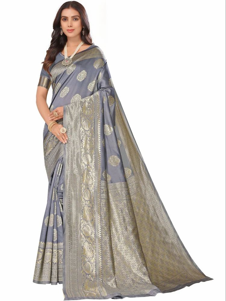 Silk Blend Jacquard Woven Golden Zari Butta Saree