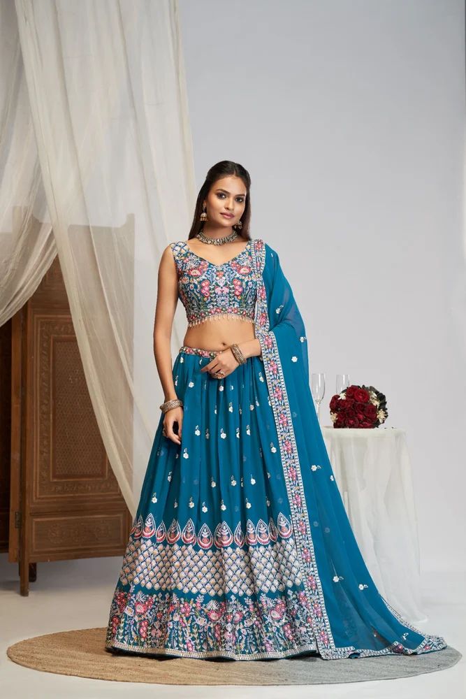 Latest Pastel Green Georgette Embroidery Lehenga Set - TRENDY CULTURE Exclusive