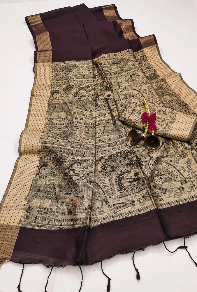 Soft Khadi Raw silk saree with unique  kantha stitch and  madhubani print on pallu