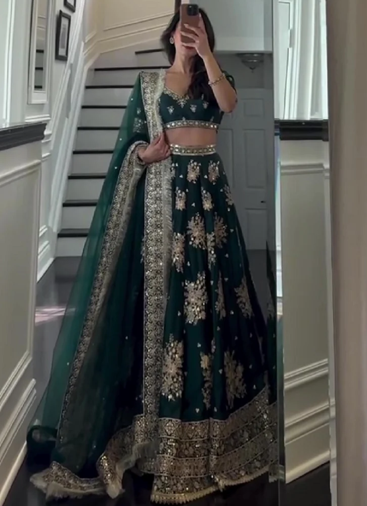 Green Stain Silk Thread Sequence Embroidery Work Lehenga Choli