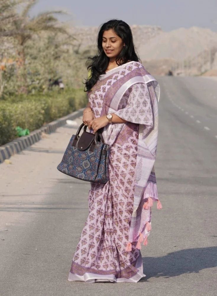 Bone White Digital Print Linen Sarees