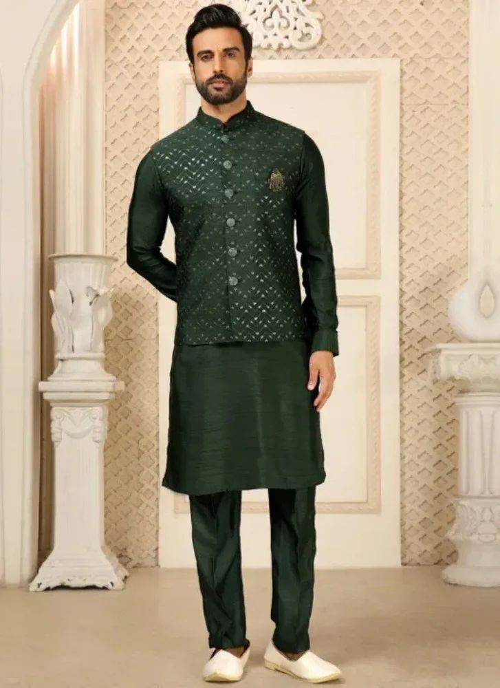 Trendy Culture's Traditional Dark Green Embroidered Work Jalpari Silk Men Kurta- Factory Price