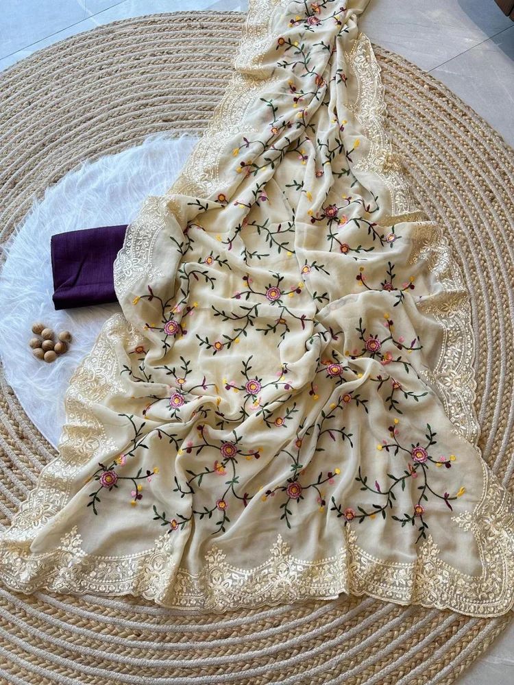 PURE GEORGETT SILK WITH FLOWERS WORK CUTWORK SAREE AT WHOLESALE PRICE