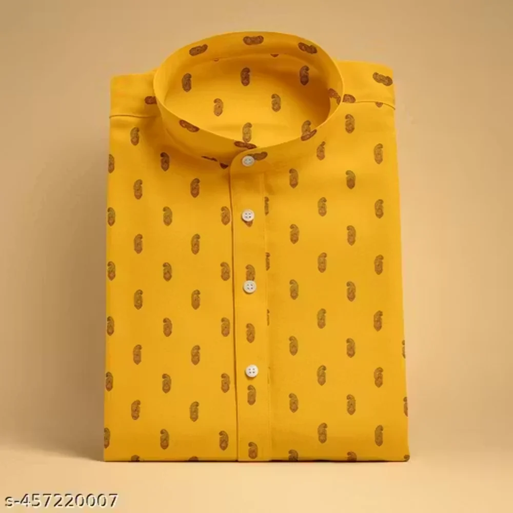 Men Dark Yellow Cotton Blend Printed  Kurta