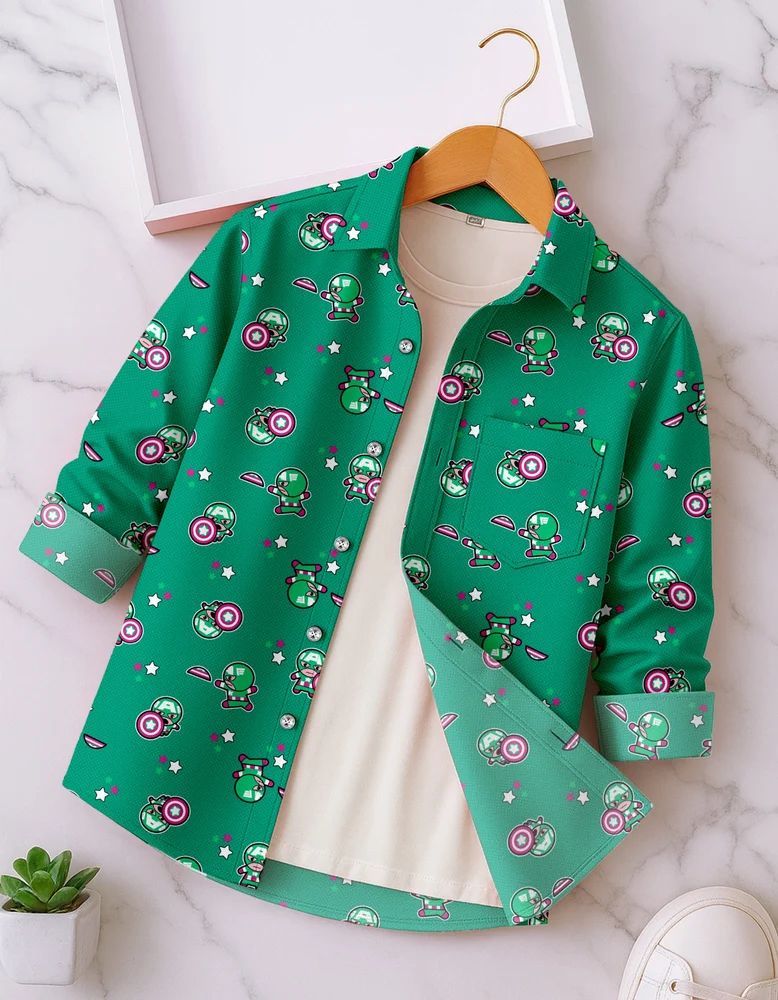 Green Boys Rayon Cartoon Print Shirt