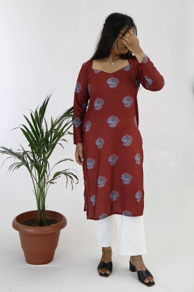 Maroon Printed Rayon Ladies Kurti