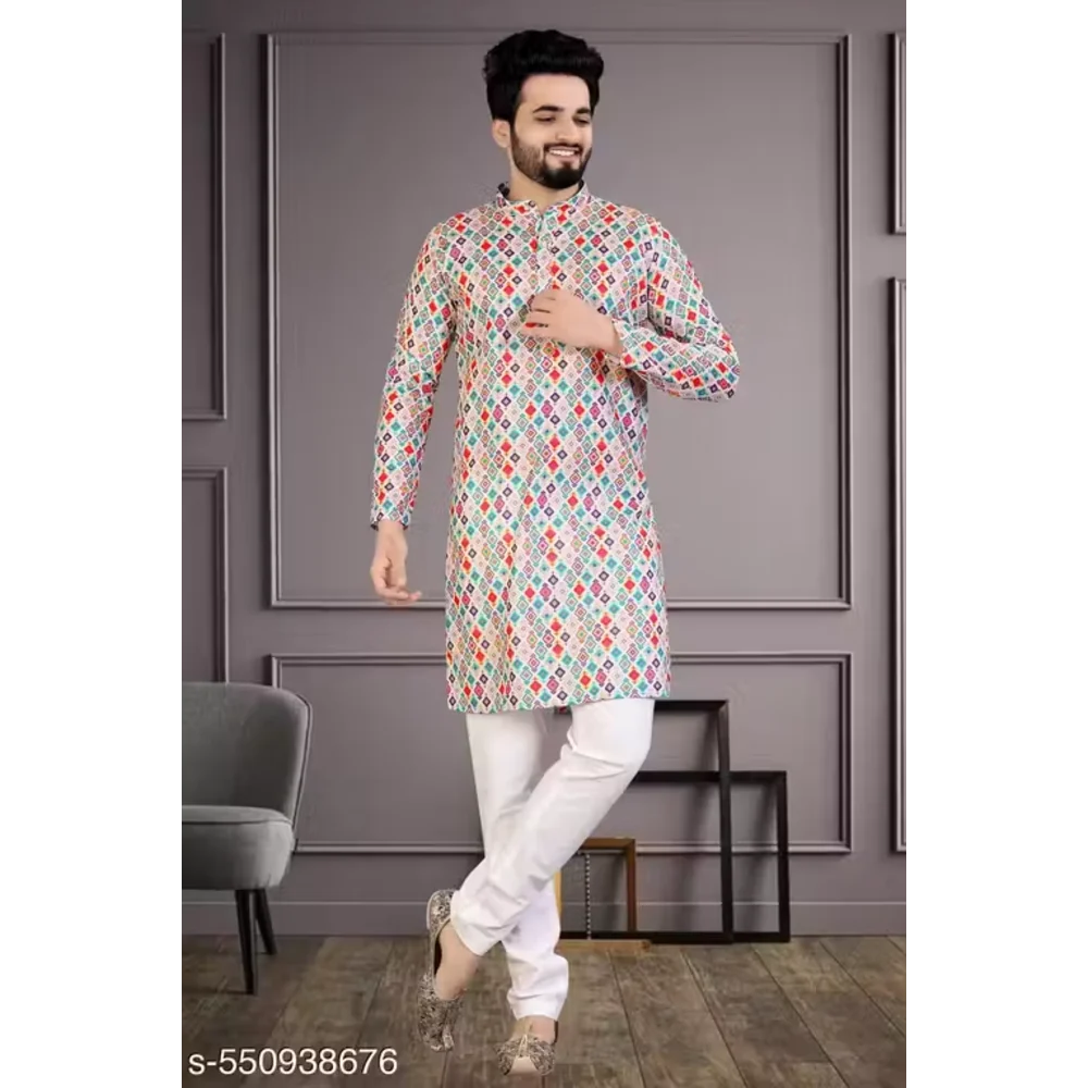 Men Red Cotton Blend Kurta Pajama Set