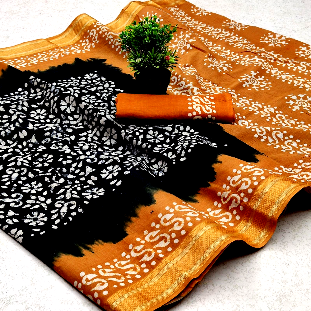 Yellow,Black Cotton Batik Print Saree, 5.5 M (Separate Blouse Piece), With Blouse Piece
