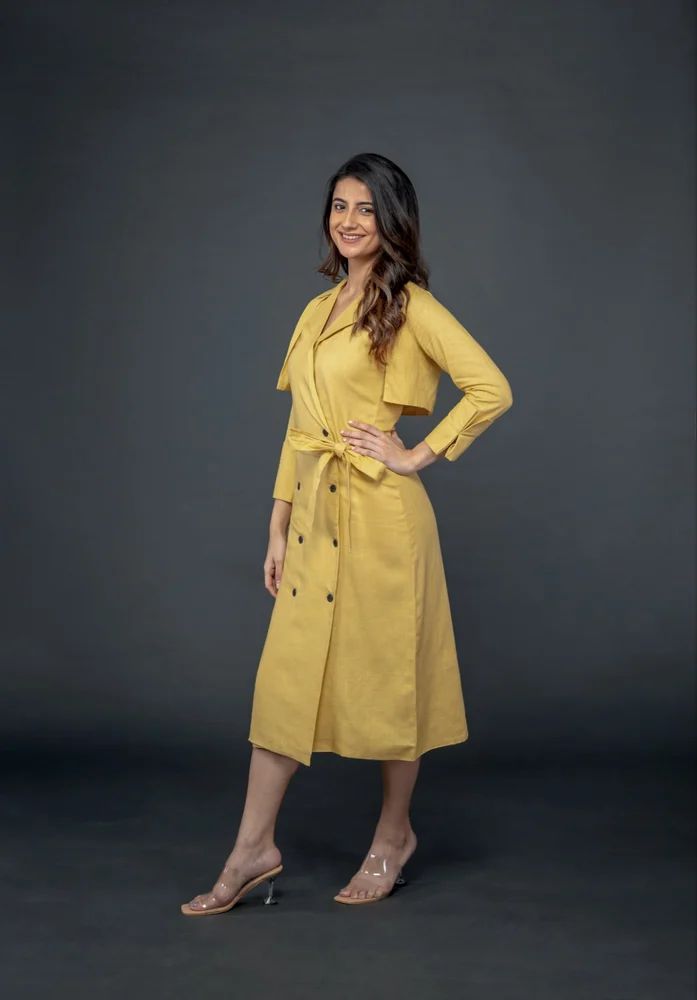 Attached Jacket Lemon Yellow Midi Dress