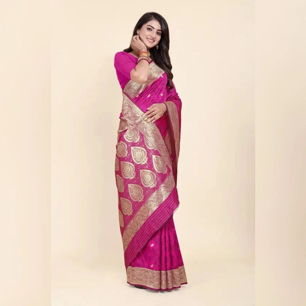 Ladies Silk Pink Printed Banarasi Saree