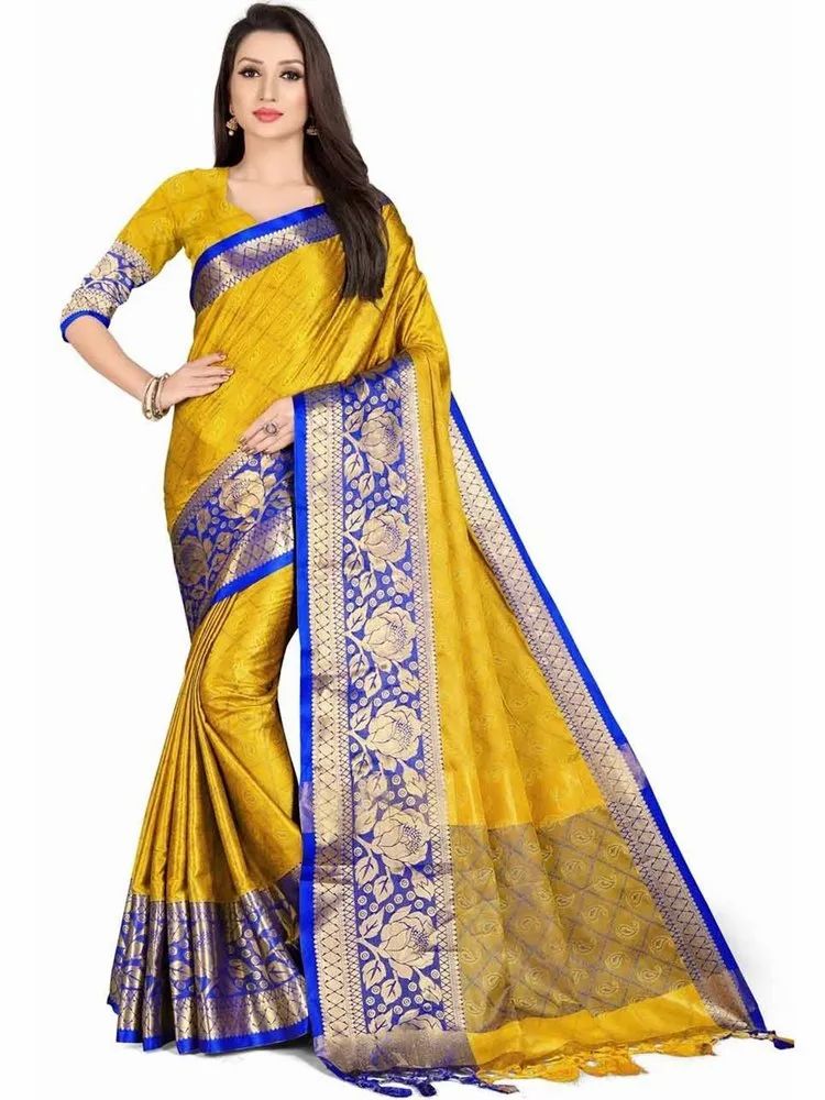 Leeza Store Women's Silk Blend Jacquard Woven Golden Zari Rose Pattern Thick Border Banarasi Saree