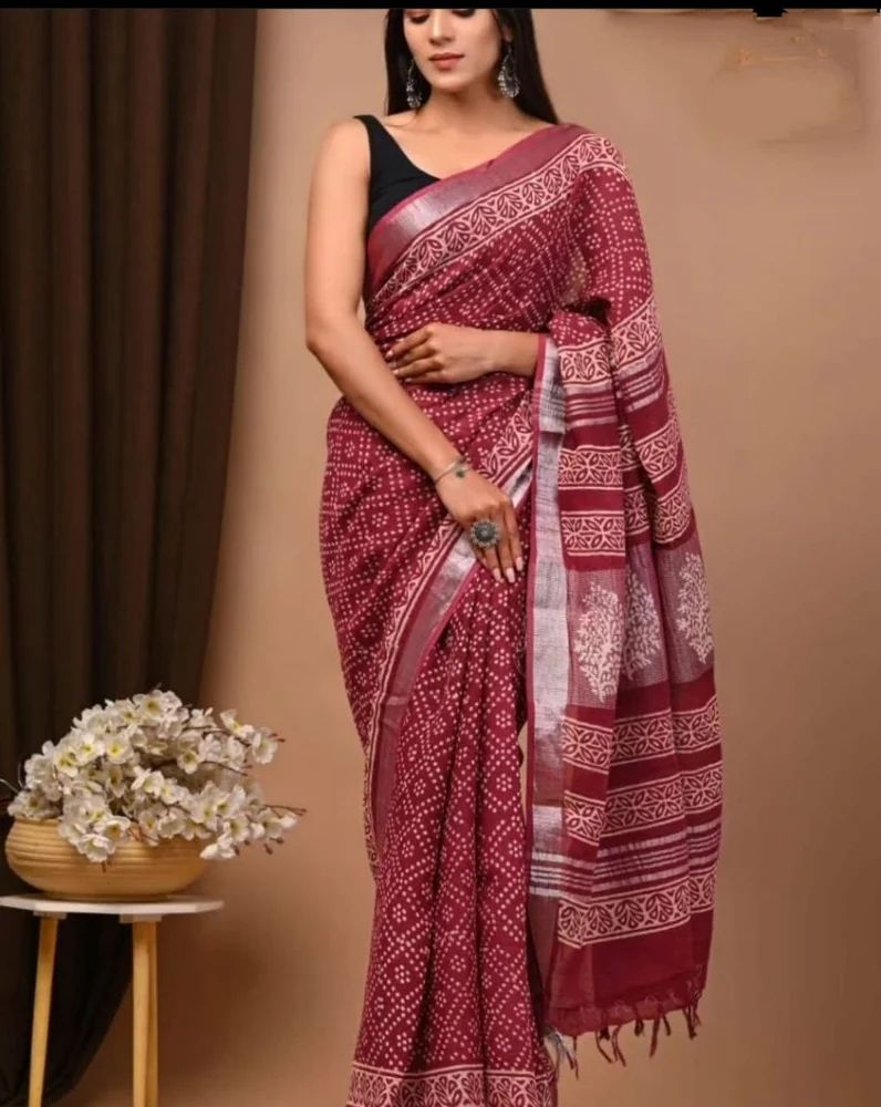 Maroon Digital Print Linen Sarees