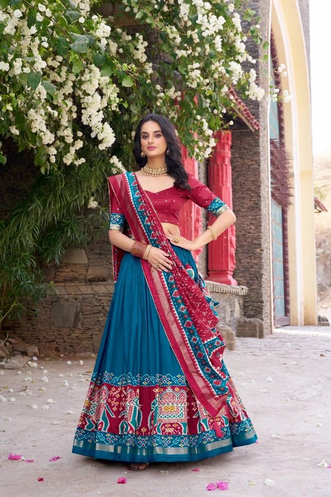 TRENDY CULTURE'S  Designer Tasar Silk Lehenga with Patola & Foil Work