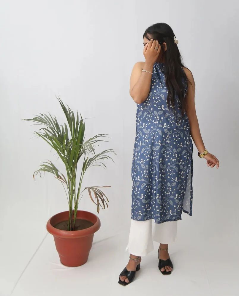 Blue Printed Rayon Long Ladies Kurti